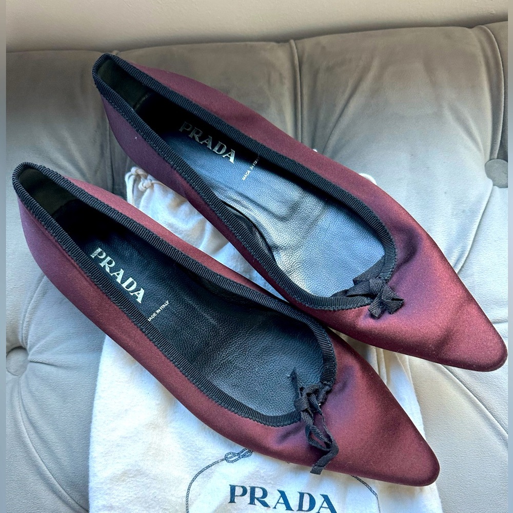 Size 7.5 (37 1/2), Prada maroon satin flats with tiny black bows, barely worn